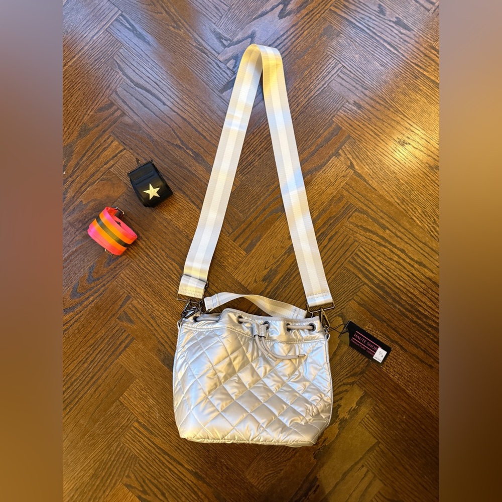 New Haute Shore Lindsay Silver Quilted drawstring Crossbody Bag